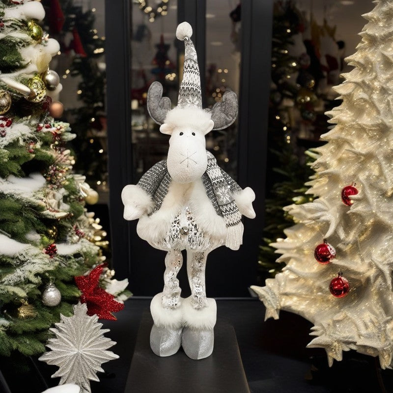 Figurina Decorativa, Pentru Craciun, Klevo, Ren, Picioare Telescopice, Inaltime Reglabila 52- 82 cm, Pantaloni Luciosi, Alb/Argintiu