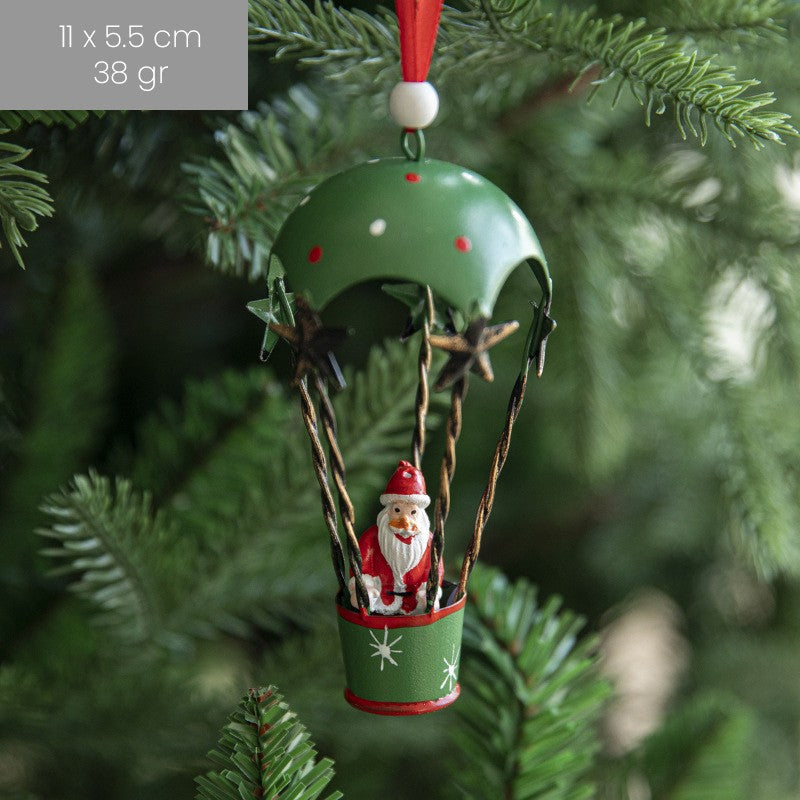 Figurina pentru Brad de Craciun, Klevo, Model Mos Craciun in Balon cu Aer Cald, Ornament pentru Brad, din Metal, 11 x 5.5 x 5.5 cm, Verde