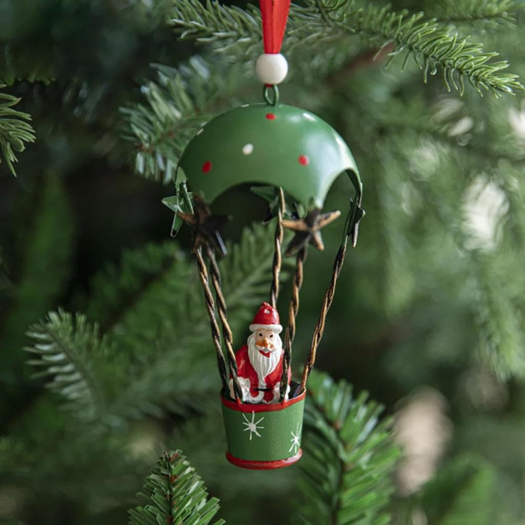 Figurina pentru Brad de Craciun, Klevo, Model Mos Craciun in Balon cu Aer Cald, Ornament pentru Brad, din Metal, 11 x 5.5 x 5.5 cm, Verde