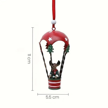 Figurina pentru Brad de Craciun, Klevo, Model Ren in Balon cu Aer Cald, Ornament pentru Brad, din Metal, 11 x 5.5 x 5.5 cm, Rosu inchis