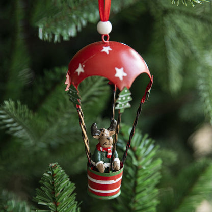 Figurina pentru Brad de Craciun, Klevo, Model Ren in Balon cu Aer Cald, Ornament pentru Brad, din Metal, 11 x 5.5 x 5.5 cm, Rosu inchis
