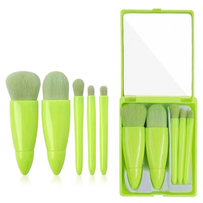 Set 5 Mini Pensule de Machiaj, Klevo, Portabile, in Carcasa cu Oglinda, din Par Sintetic Moale, Verde Lime, 12x7x2.5 cm