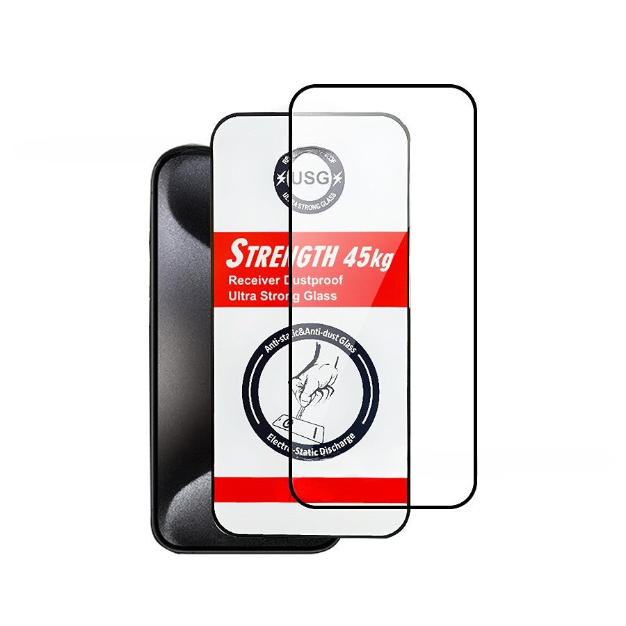 Folie de Protectie, Klevo, pentru iPhone 15 Plus, Tempered Glass USG, Ultra Rezistent 45kg, Full Cover, Antistatica, Margini Negre, Transparent