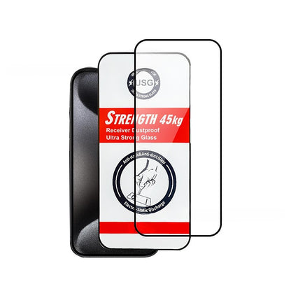 Folie de Protectie, Klevo, pentru iPhone 15 Plus, Tempered Glass USG, Ultra Rezistent 45kg, Full Cover, Antistatica, Margini Negre, Transparent