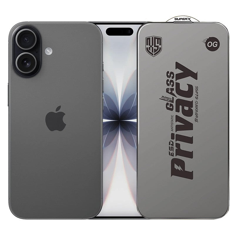 Folie de Protectie pentru Apple iPhone 17, Klevo, Sticla Securizata ESD Antistatica, Super-X Privacy OG, Margini Negre, 0.30 mm, Transparent Inchis