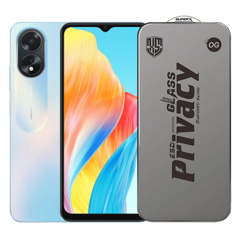 Folie de Protectie pentru Oppo A18, Klevo, Sticla Securizata ESD Antistatica, Super-X Privacy OG, Margini Negre, 0.30 mm, Transparent Inchis