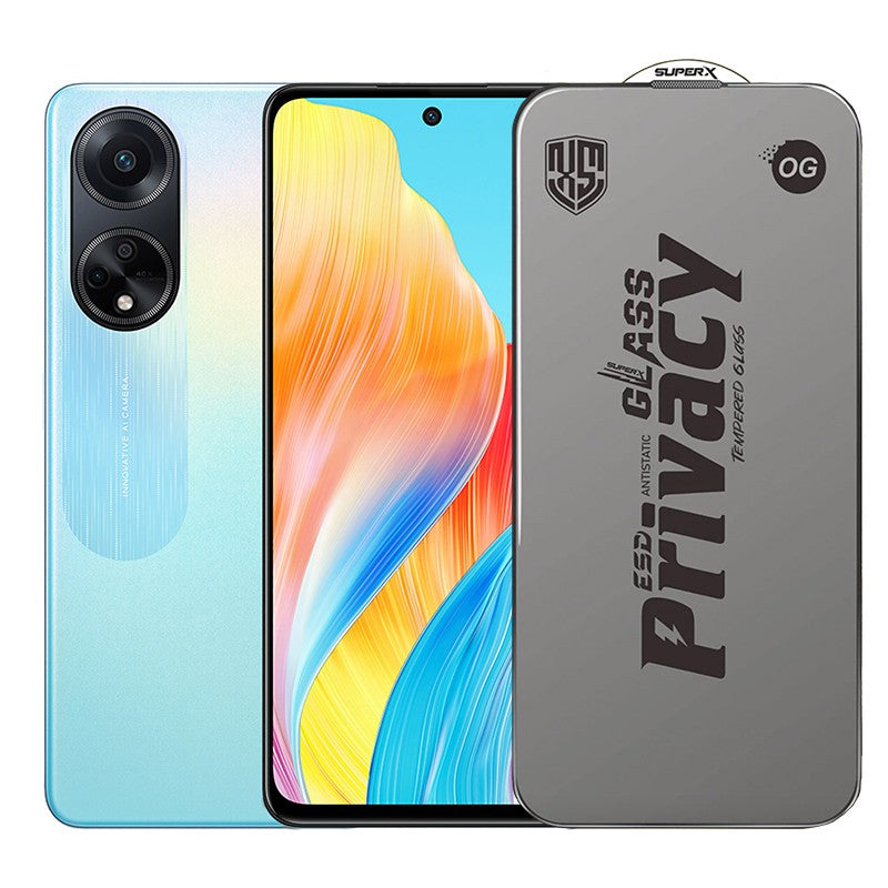 Folie de Protectie pentru Oppo A98, Klevo, Sticla Securizata ESD Antistatica, Super-X Privacy OG, Margini Negre, 0.30 mm, Transparent Inchis