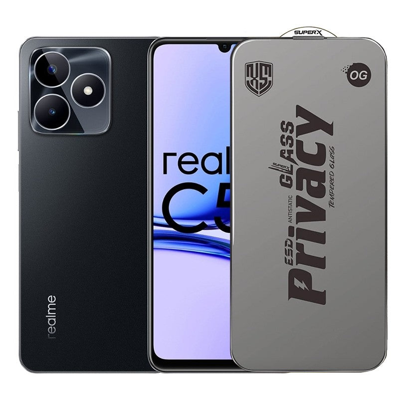 Folie de Protectie pentru Realme C53, Klevo, Sticla Securizata ESD Antistatica, Super-X Privacy OG, Margini Negre, 0.30 mm, Transparent Inchis