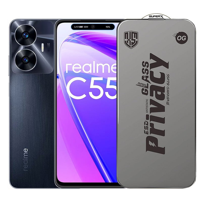 Folie de Protectie pentru Realme C55, Klevo, Sticla Securizata ESD Antistatica, Super-X Privacy OG, Margini Negre, 0.30 mm, Transparent Inchis