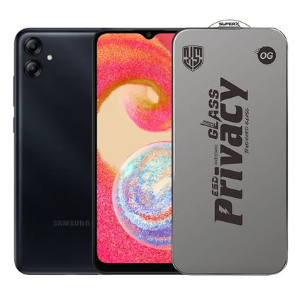 Folie de Protectie pentru Samsung Galaxy A04e, Klevo, Sticla Securizata ESD Antistatica, Super-X Privacy OG, Margini Negre, 0.30 mm, Transparent Inchis