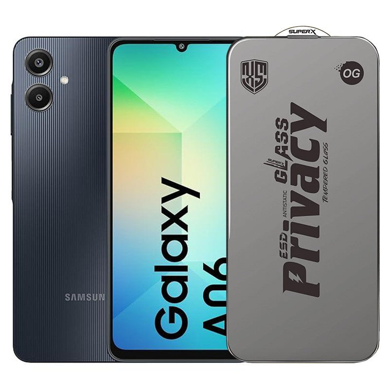 Folie de Protectie pentru Samsung Galaxy A06, Klevo, Sticla Securizata ESD Antistatica, Super-X Privacy OG, Margini Negre, 0.30 mm, Transparent Inchis