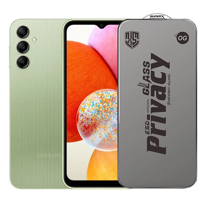 Folie de Protectie pentru Samsung Galaxy A14, Klevo, Sticla Securizata ESD Antistatica, Super-X Privacy OG, Margini Negre, 0.30 mm, Transparent Inchis