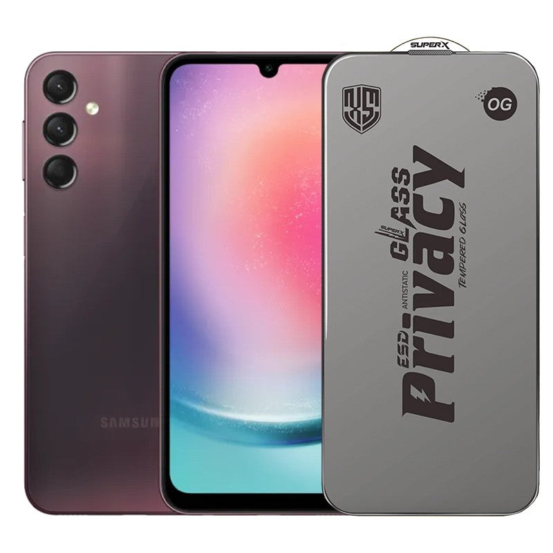 Folie de Protectie pentru Samsung Galaxy A24, Klevo, Sticla Securizata ESD Antistatica, Super-X Privacy OG, Margini Negre, 0.30 mm, Transparent Inchis