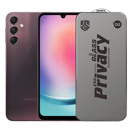 Folie de Protectie pentru Samsung Galaxy A24, Klevo, Sticla Securizata ESD Antistatica, Super-X Privacy OG, Margini Negre, 0.30 mm, Transparent Inchis