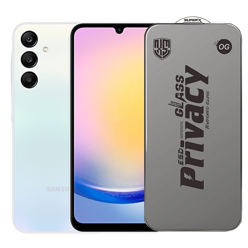 Folie de Protectie pentru Samsung Galaxy A25, Klevo, Sticla Securizata ESD Antistatica, Super-X Privacy OG, Margini Negre, 0.30 mm, Transparent Inchis