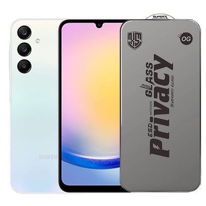 Folie de Protectie pentru Samsung Galaxy A25, Klevo, Sticla Securizata ESD Antistatica, Super-X Privacy OG, Margini Negre, 0.30 mm, Transparent Inchis
