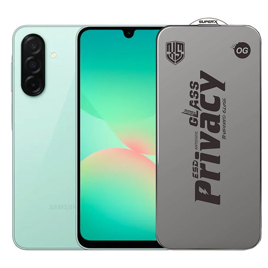 Folie de Protectie pentru Samsung Galaxy A26, Klevo, Sticla Securizata ESD Antistatica, Super-X Privacy OG, Margini Negre, 0.30 mm, Transparent Inchis