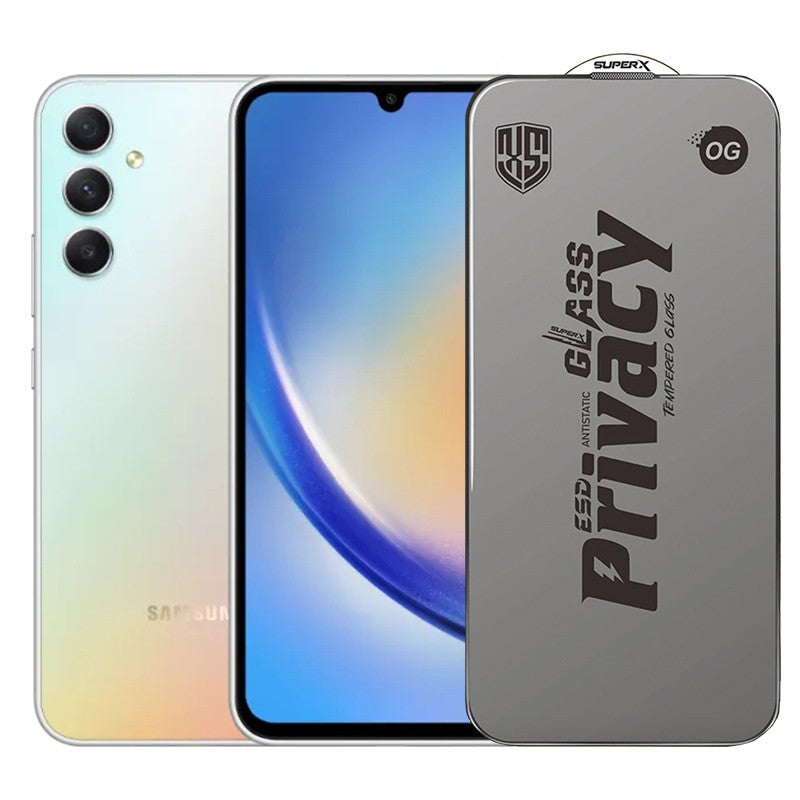 Folie de Protectie pentru Samsung Galaxy A34, Klevo, Sticla Securizata ESD Antistatica, Super-X Privacy OG, Margini Negre, 0.30 mm, Transparent Inchis