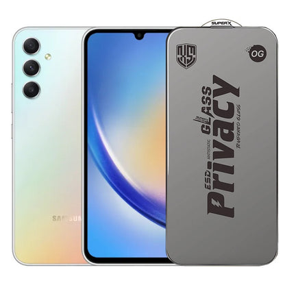 Folie de Protectie pentru Samsung Galaxy A34, Klevo, Sticla Securizata ESD Antistatica, Super-X Privacy OG, Margini Negre, 0.30 mm, Transparent Inchis