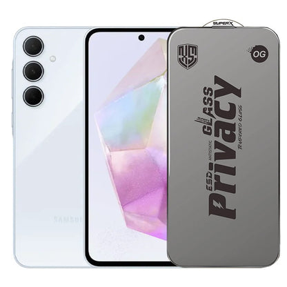 Folie de Protectie pentru Samsung Galaxy A35, Klevo, Sticla Securizata ESD Antistatica, Super-X Privacy OG, Margini Negre, 0.30 mm, Transparent Inchis