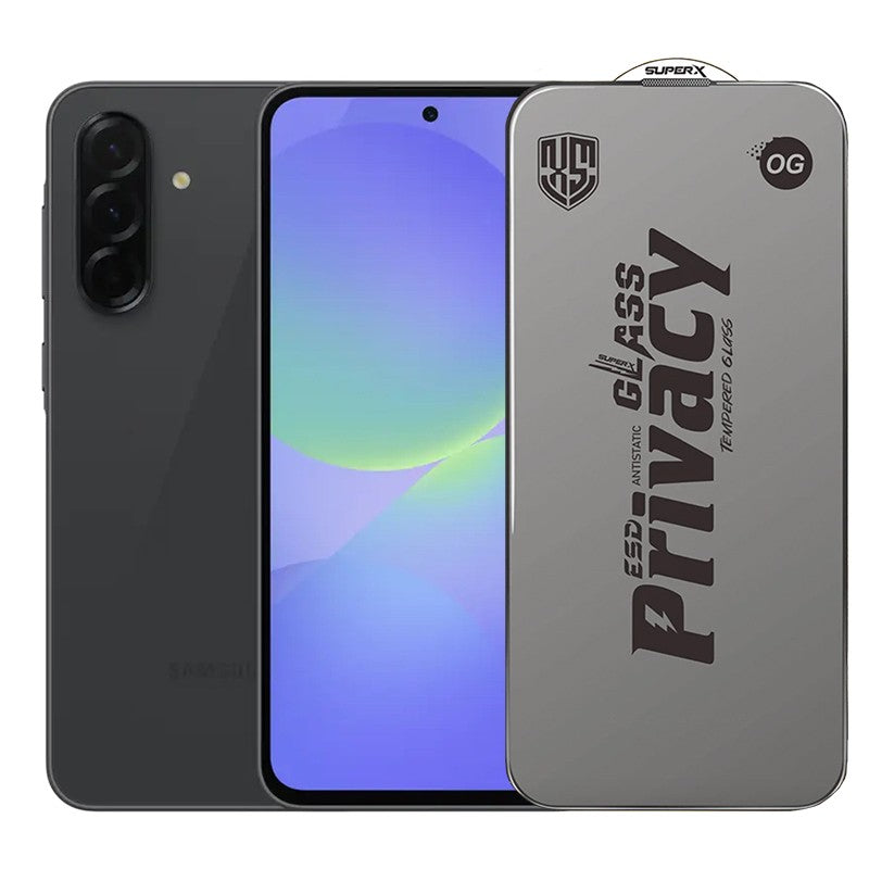 Folie de Protectie pentru Samsung Galaxy A36, Klevo, Sticla Securizata ESD Antistatica, Super-X Privacy OG, Margini Negre, 0.30 mm, Transparent Inchis