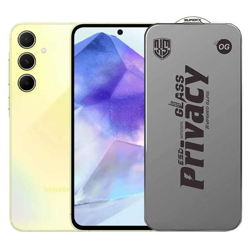 Folie de Protectie pentru Samsung Galaxy A55, Klevo, Sticla Securizata ESD Antistatica, Super-X Privacy OG, Margini Negre, 0.30 mm, Transparent Inchis