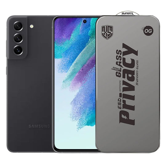 Folie de Protectie pentru Samsung Galaxy S21 FE, Klevo, Sticla Securizata ESD Antistatica, Super-X Privacy OG, Margini Negre, 0.30 mm, Transparent Inchis