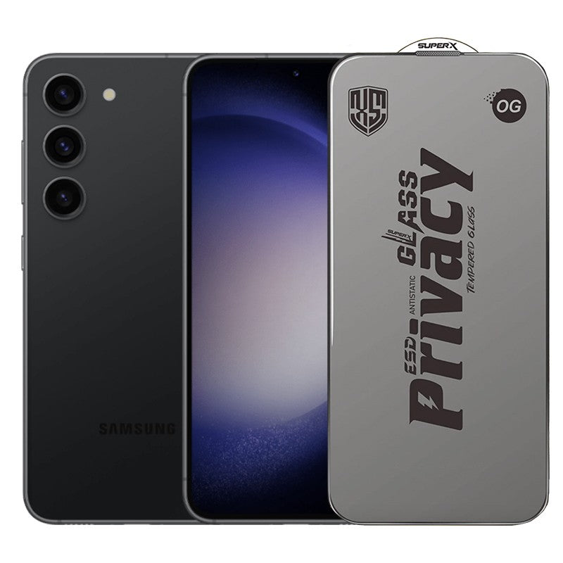 Folie de Protectie pentru Samsung Galaxy S23, Klevo, Sticla Securizata ESD Antistatica, Super-X Privacy OG, Margini Negre, 0.30 mm, Transparent Inchis