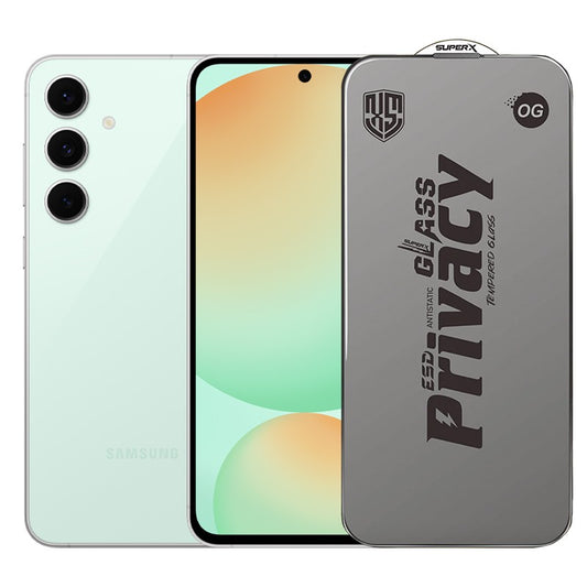 Folie de Protectie pentru Samsung Galaxy S24 FE, Klevo, Sticla Securizata ESD Antistatica, Super-X Privacy OG, Margini Negre, 0.30 mm, Transparent Inchis
