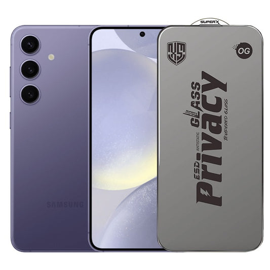 Folie de Protectie pentru Samsung Galaxy S24, Klevo, Sticla Securizata ESD Antistatica, Super-X Privacy OG, Margini Negre, 0.30 mm, Transparent Inchis