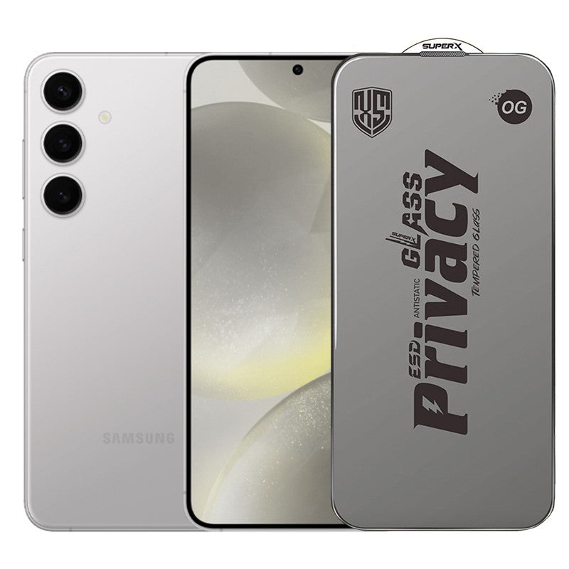 Folie de Protectie pentru Samsung Galaxy S24+, Klevo, Sticla Securizata ESD Antistatica, Super-X Privacy OG, Margini Negre, 0.30 mm, Transparent Inchis