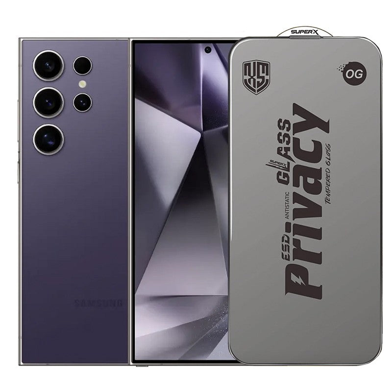 Folie de Protectie pentru Samsung Galaxy S24 Ultra, Klevo, Sticla Securizata ESD Antistatica, Super-X Privacy OG, Margini Negre, 0.30 mm