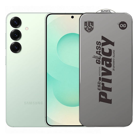 Folie de Protectie pentru Samsung Galaxy S25, Klevo, Sticla Securizata ESD Antistatica, Super-X Privacy OG, Margini Negre, 0.30 mm, Transparent Inchis