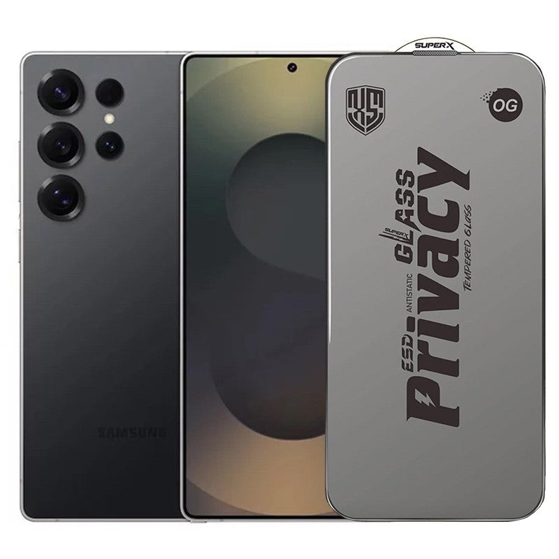 Folie de Protectie pentru Samsung Galaxy S25 Ultra, Klevo, Sticla Securizata ESD Antistatica, Super-X Privacy OG, Margini Negre, 0.30 mm, Transparent Inchis