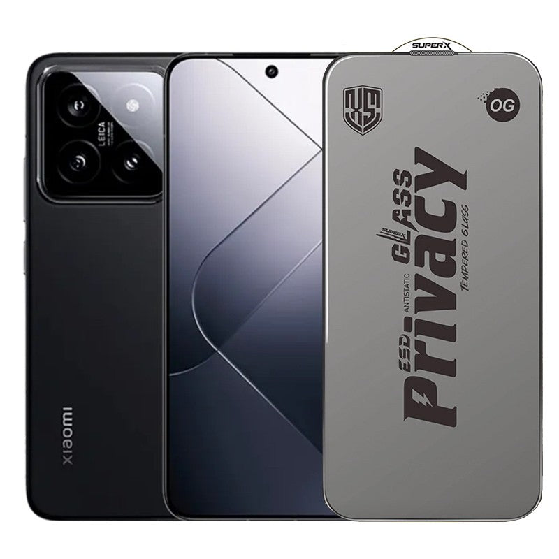Folie de Protectie pentru Xiaomi 14, Klevo, Sticla Securizata ESD Antistatica, Super-X Privacy OG, Margini Negre, 0.30 mm, Transparent Inchis