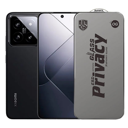 Folie de Protectie pentru Xiaomi 14, Klevo, Sticla Securizata ESD Antistatica, Super-X Privacy OG, Margini Negre, 0.30 mm, Transparent Inchis