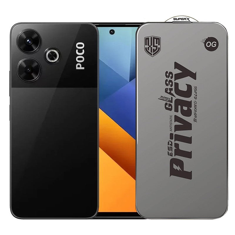 Folie de Protectie pentru Xiaomi Poco M6, Klevo, Sticla Securizata ESD Antistatica, Super-X Privacy OG, Margini Negre, 0.30 mm, Transparent Inchis
