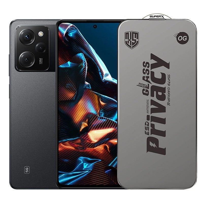 Folie de Protectie pentru Xiaomi Poco X5 Pro, Klevo, Sticla Securizata ESD Antistatica, Super-X Privacy OG, Margini Negre, 0.30 mm, Transparent Inchis