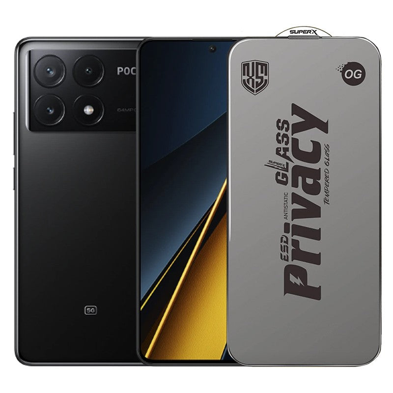 Folie de Protectie pentru Xiaomi Poco X6 Pro, Klevo, Sticla Securizata ESD Antistatica, Super-X Privacy OG, Margini Negre, 0.30 mm, Transparent Inchis