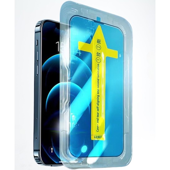 Folie sticla securizata cu sistem de montare usor si rapid Klevo pentru Apple iPhone 14 Pro, Transparent cu margini negre