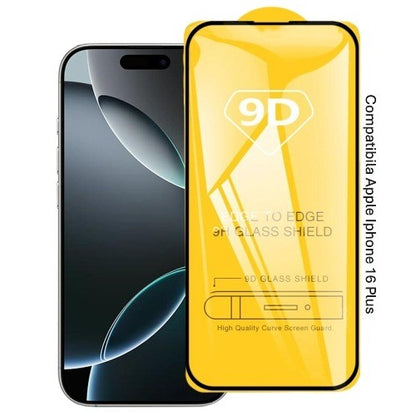 Folie Sticla Securizata, Klevo, Compatibila cu Apple iPhone 16 Plus, Full Cover 9D, HD, Margini Negre, Transparenta