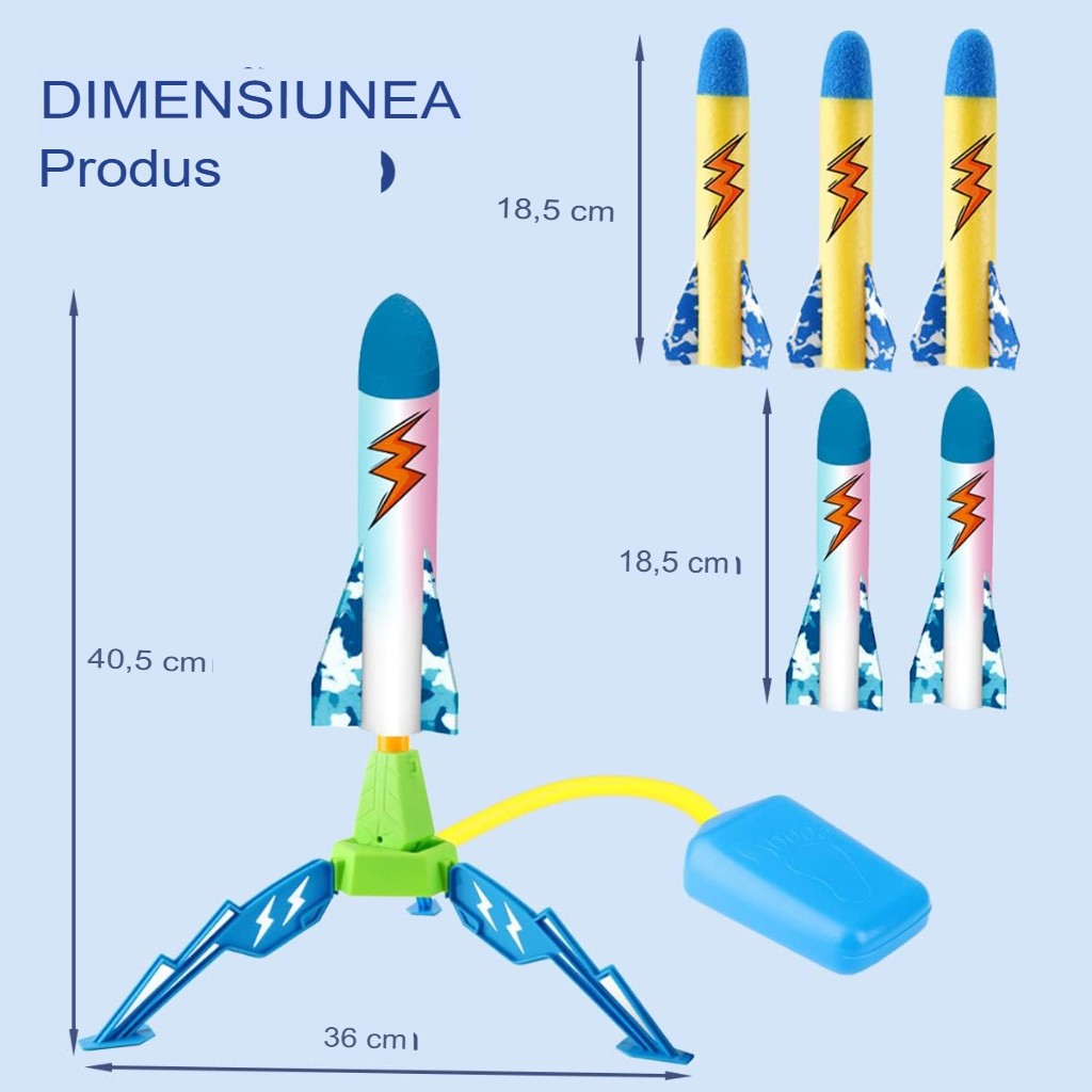 Jucarie pentru Copii, Klevo, Lansator de Rachete cu Piciorul, un Singur Lansator, 6 Rachete Fara Lumini, 40.5 cm Inaltime, Multicolor