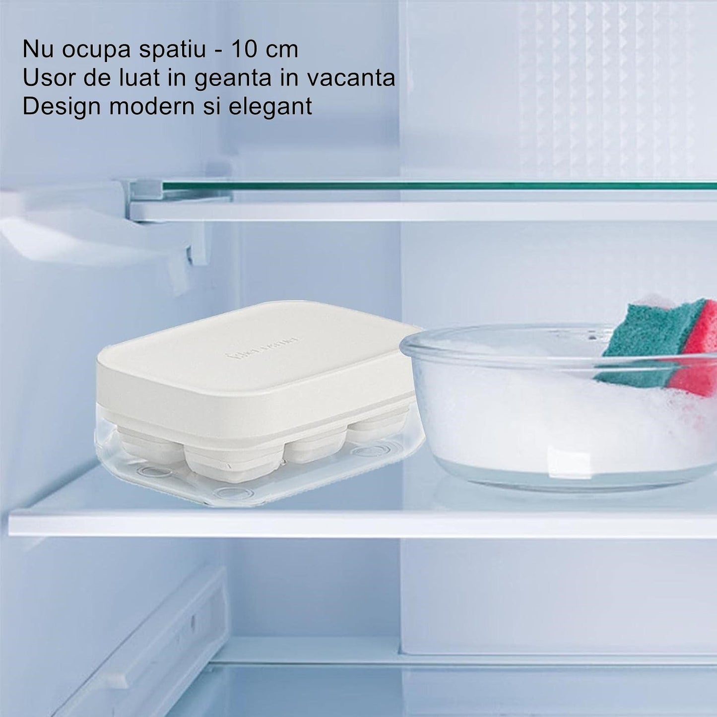 Forma pentru gheata cu presa Klevo, din silicon alimentar, 6 cuburi, caserola pentru depozitare, usor de folosit si curatat, 10.5 x 7.5 x 4.1 cm, alb