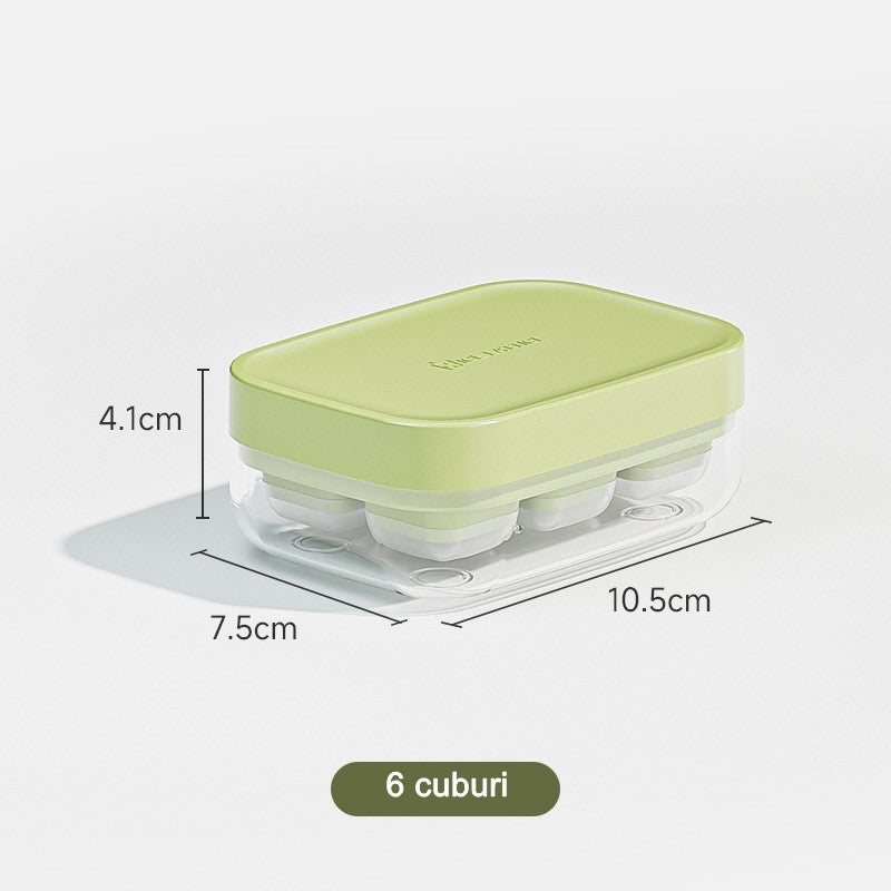 Forma pentru gheata cu presa Klevo, din silicon alimentar, 6 cuburi, caserola pentru depozitare, usor de folosit si curatat, 10.5 x 7.5 x 4.1 cm, verde