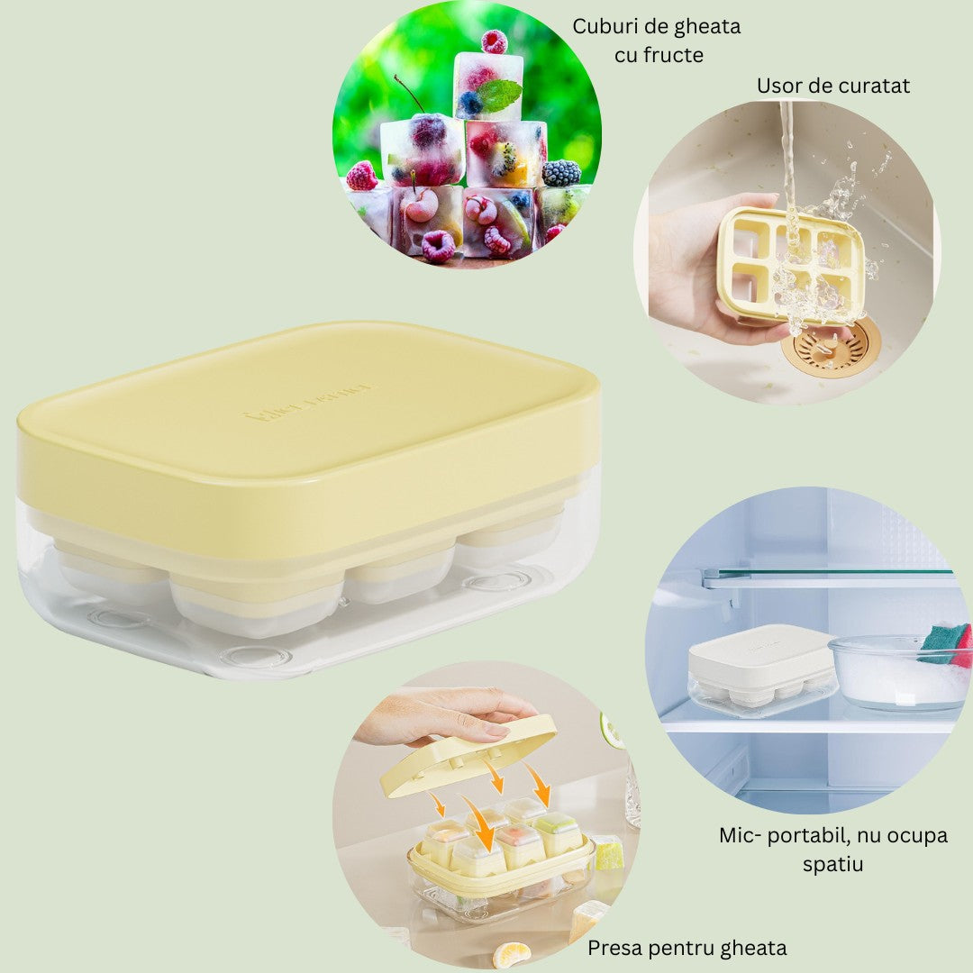 Forma pentru gheata cu presa Klevo, din silicon alimentar, 6 cuburi, caserola pentru depozitare, usor de folosit si curatat, 10.5 x 7.5 x 4.1 cm, galben