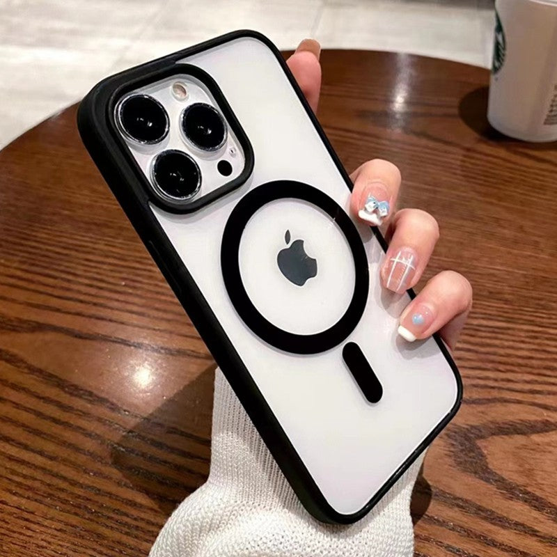 Husa MagSafe pentru Apple iPhone 14 Pro, Full Cover, Frosted Acrylic Color Big Hole, Magnetica, Incarcare Wireless, Klevo, Negru