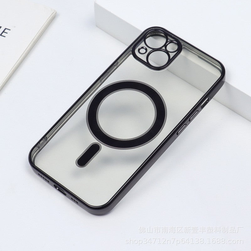 Husa MagSafe pentru Apple iPhone 14, Protectie camera, Full TPU, Margini colorate Electroplating, Magnetica, Incarcare Wireless, Klevo, Negru