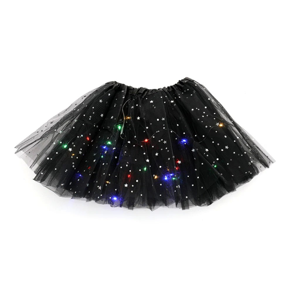 Fusta LED pentru Copii, Klevo, Tutu de Balet pentru Fetite cu Luminite Multicolore Incorporate, Model Stelute, 30 cm Lungime, Negru
