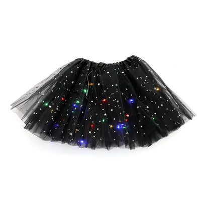 Fusta LED pentru Copii, Klevo, Tutu de Balet pentru Fetite cu Luminite Multicolore Incorporate, Model Stelute, 30 cm Lungime, Negru