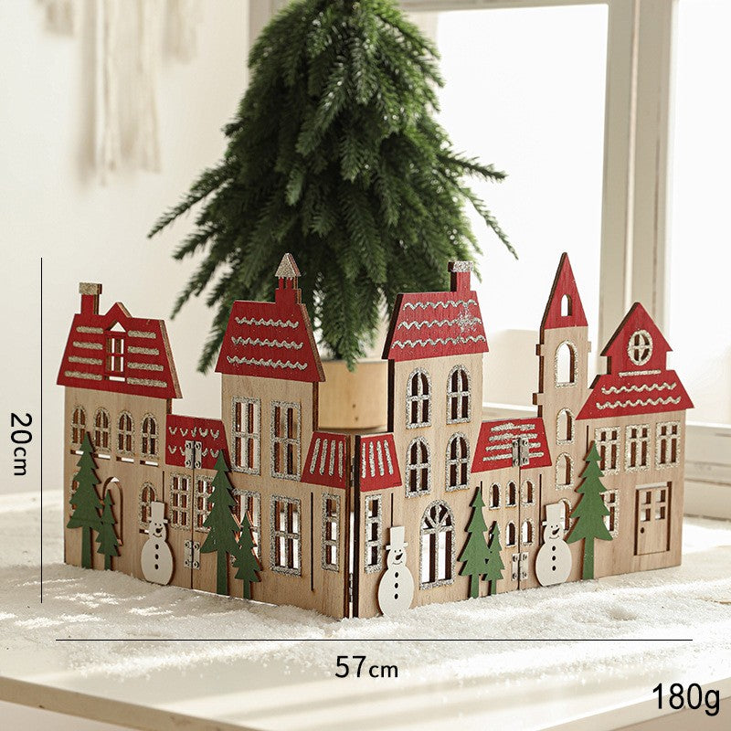 Decoratiune de Craciun, Klevo, Model Orasel de Craciun pentru Brad, in stil European, Pliabil din Lemn, 57 x 20 cm, Maro Natur Rosu